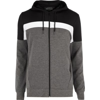 Black colour block zip up hoodie